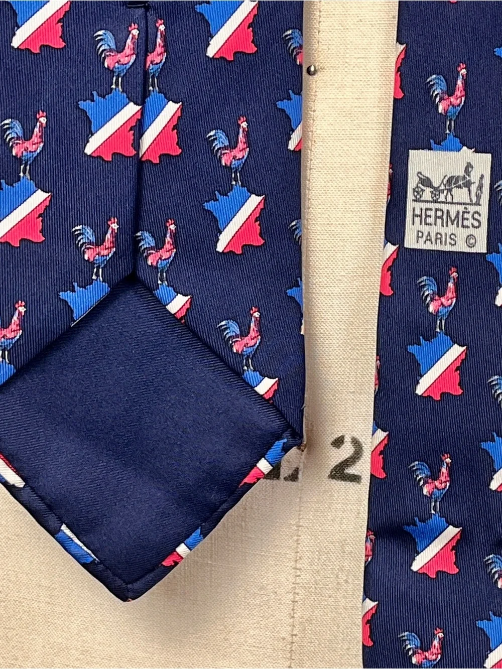 Hermes Navy Tie with Red, White & Blue Rooster and France Motif